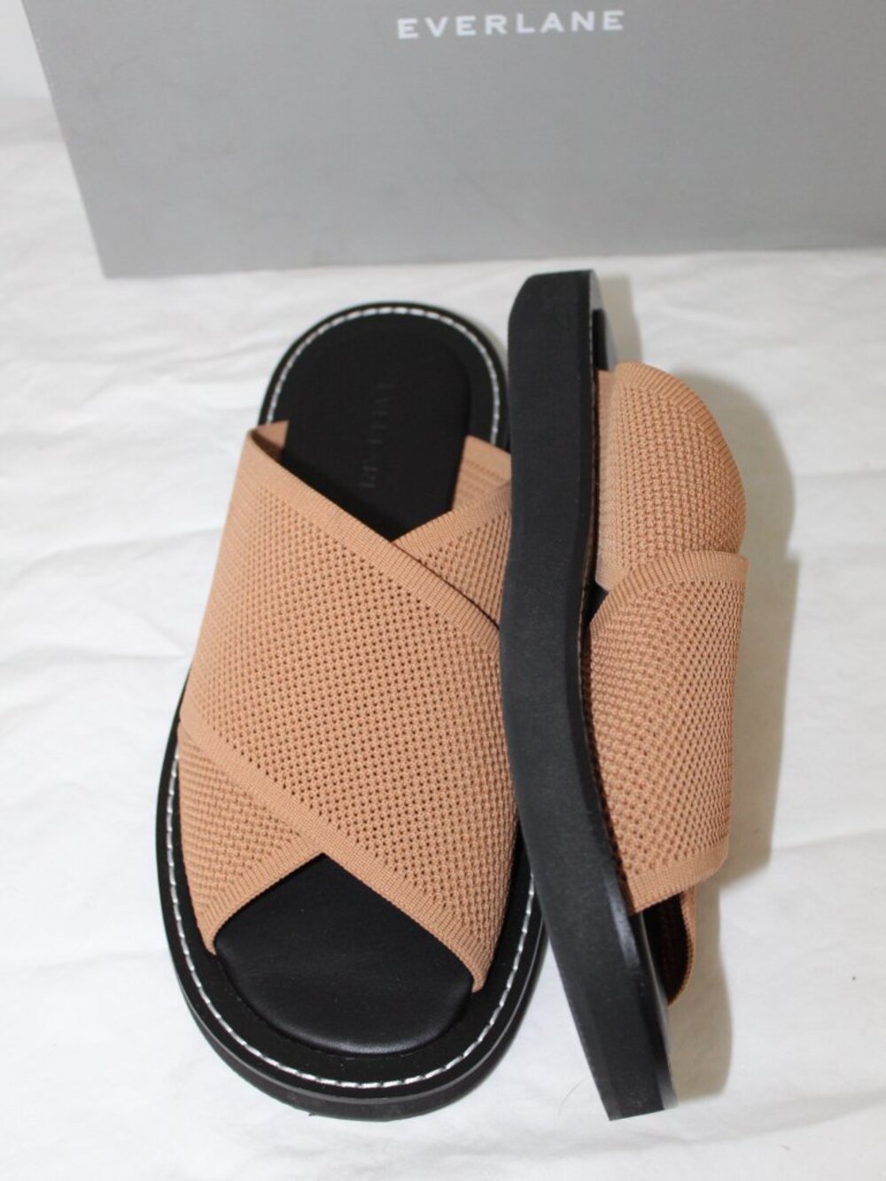 NWB EVERLANE Brown Knit Stretch Crisscross Flats Slides Slip Ons 9